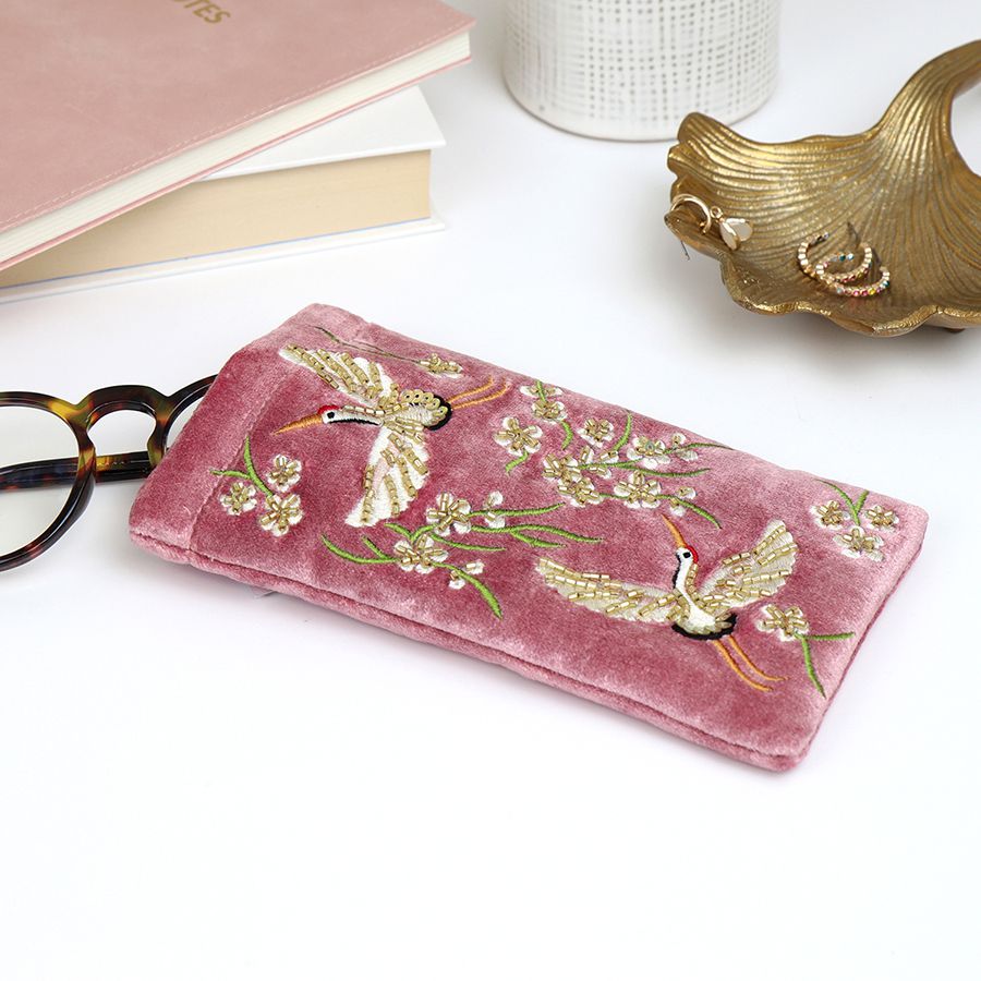 Pink velvet floral crane glasses case