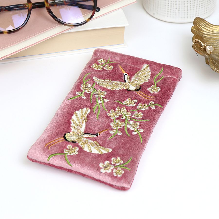 Pink velvet floral crane glasses case