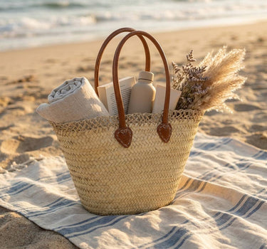 French Market Basket Straw Tote With Leather Handles