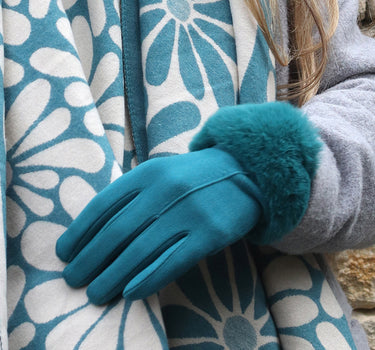 Teal faux suede and faux fur cuff gloves