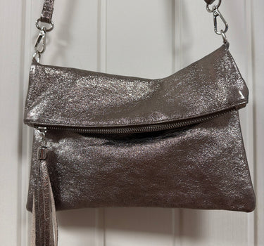 Foldover Metallic Leather Clutch