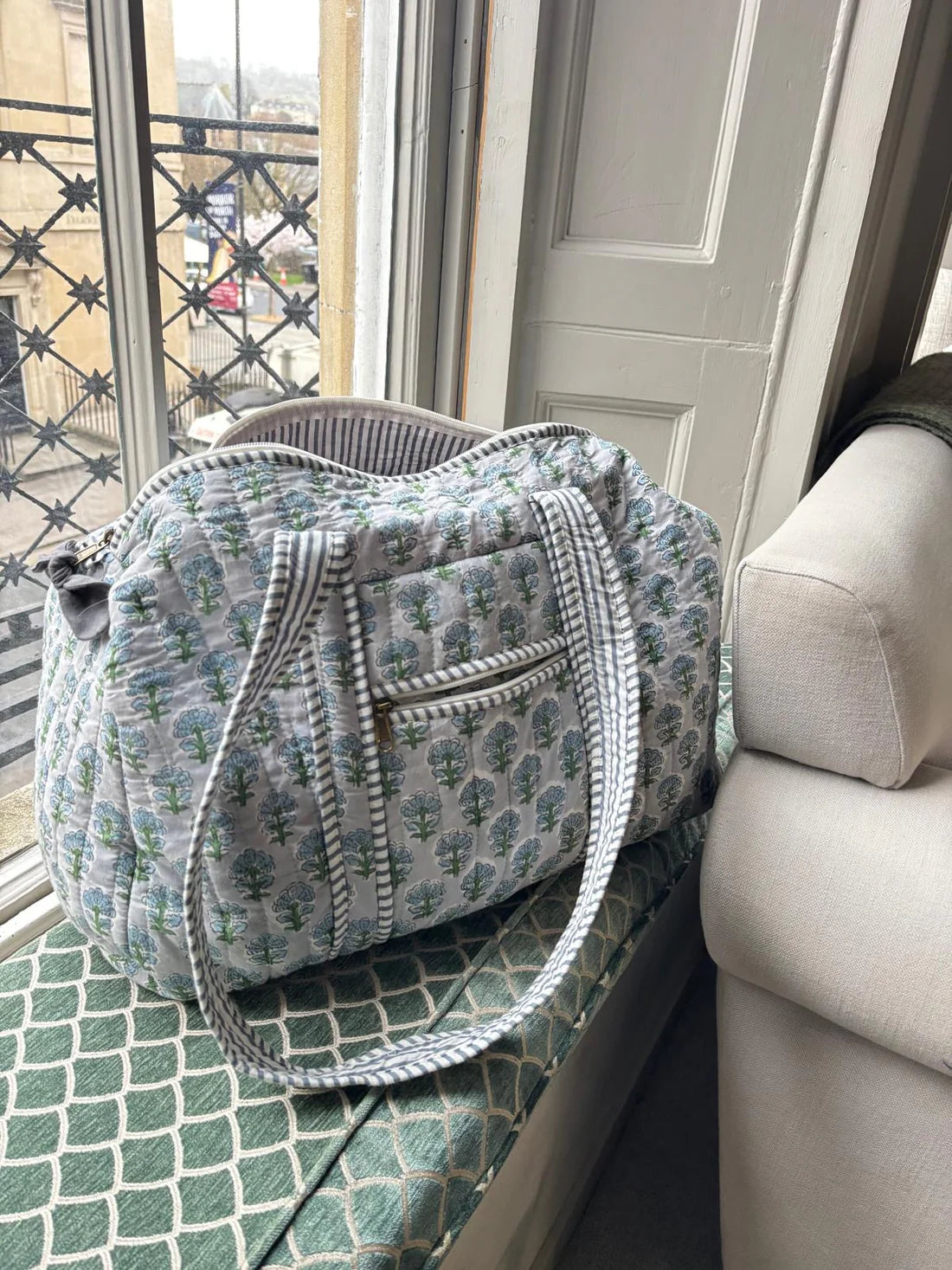 French Blue Block Print Duffle Bag
