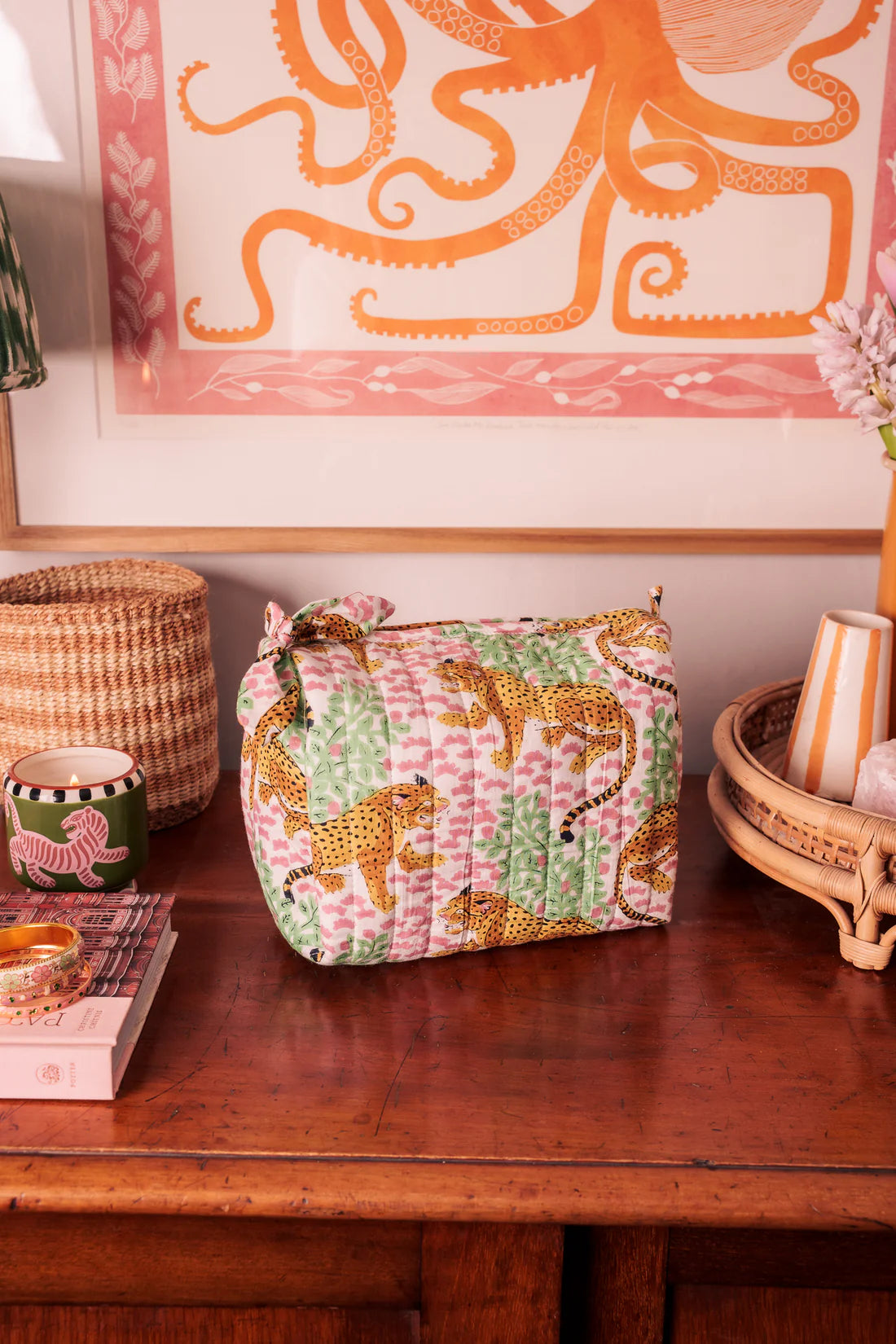 Hand Block Printed Wash Bag pink cheetah