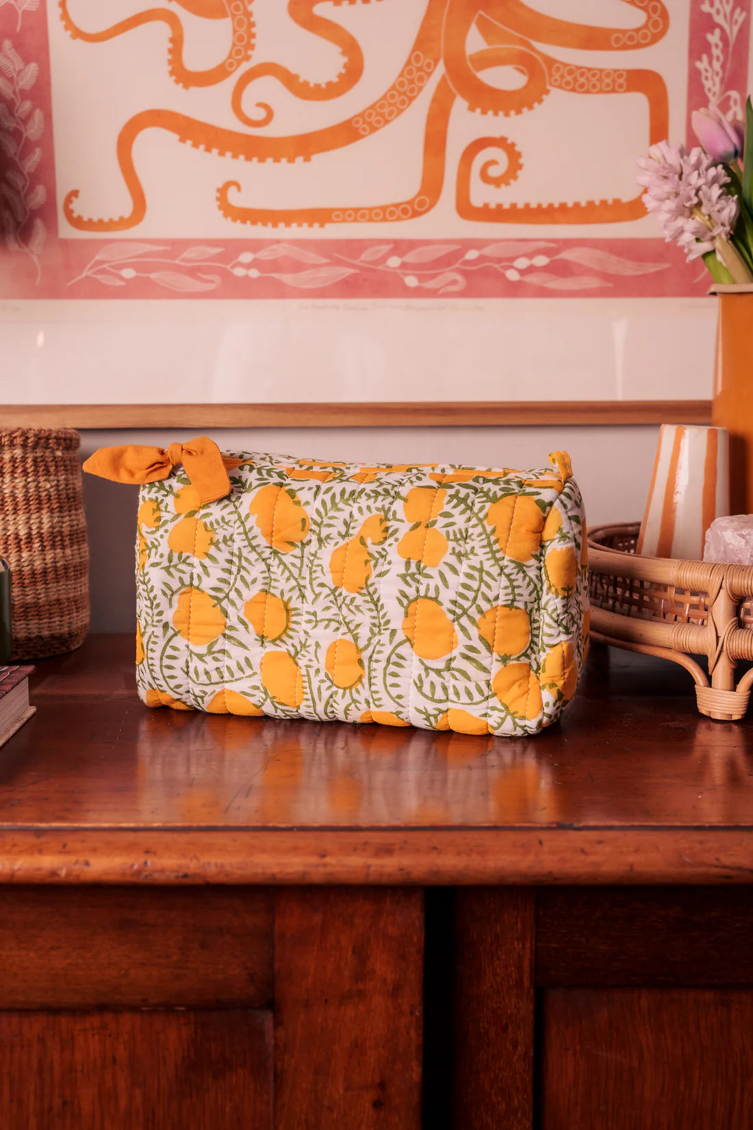Hand Block Printed Wash Bag lemon tree