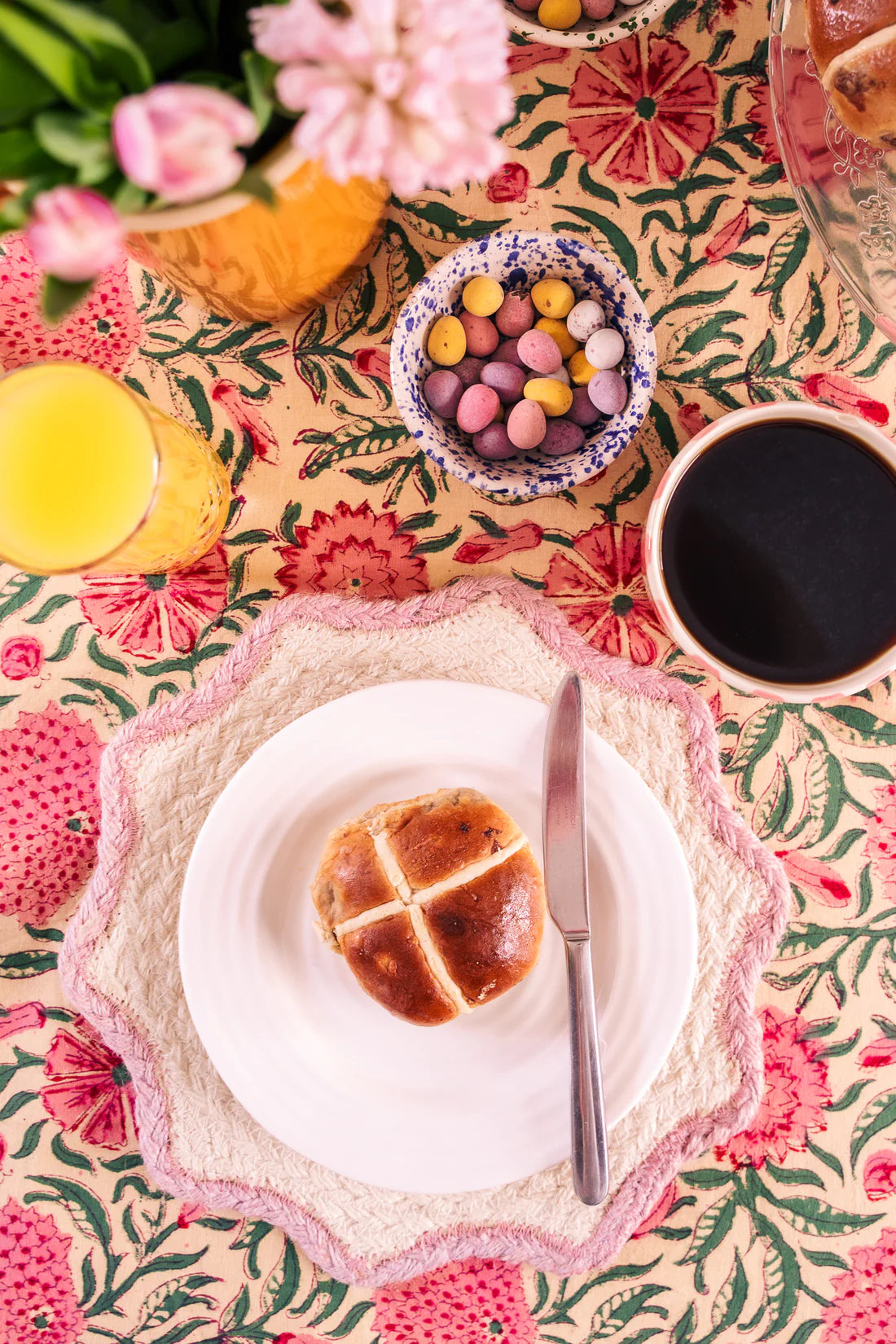 Saffron &amp; Pink Zinnia Hand Block Printed Table Cloth
