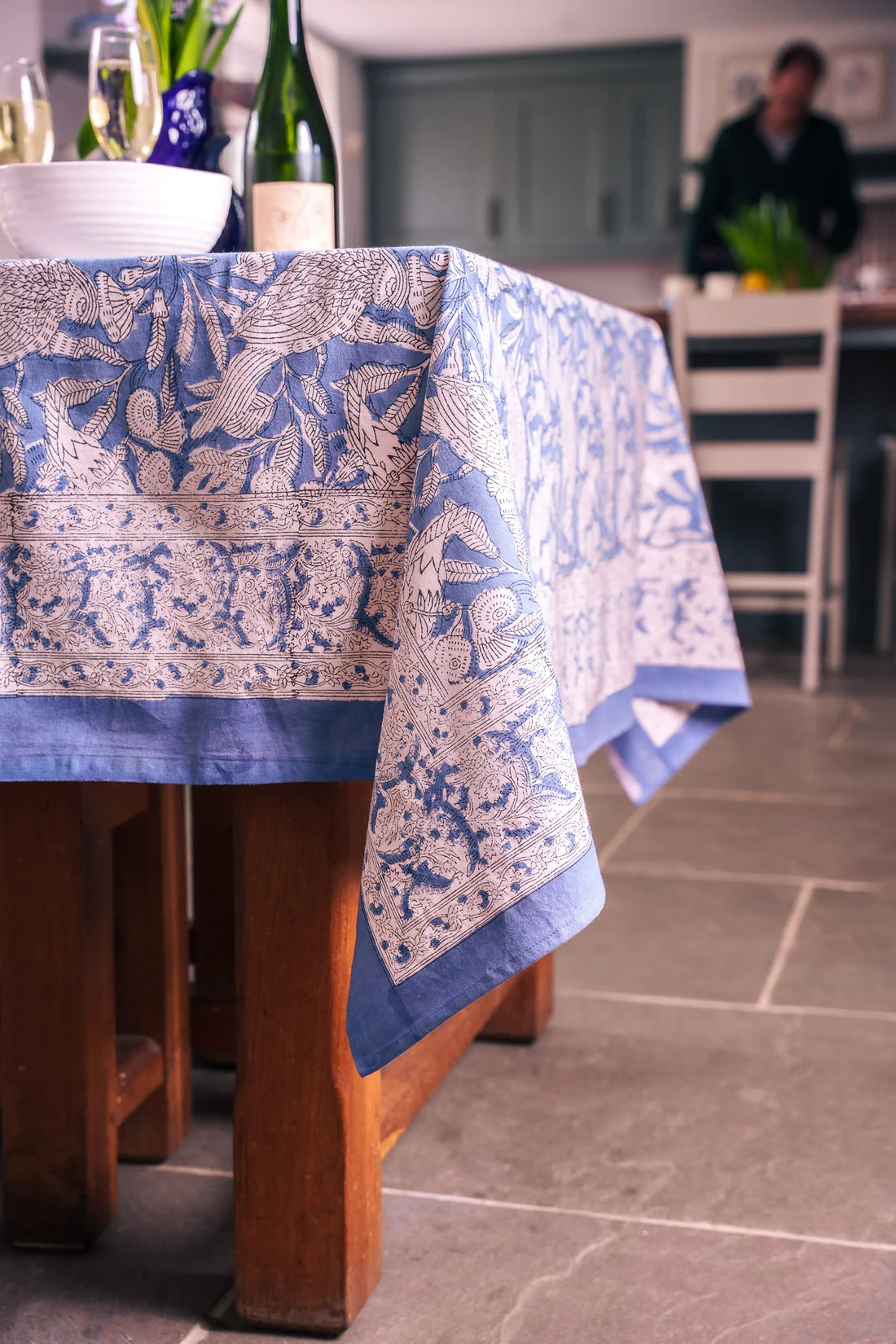 Udaipur Blue Birds Hand Block Printed Table Cloth