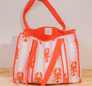 Pink Stripe Lobster Block Print Tote