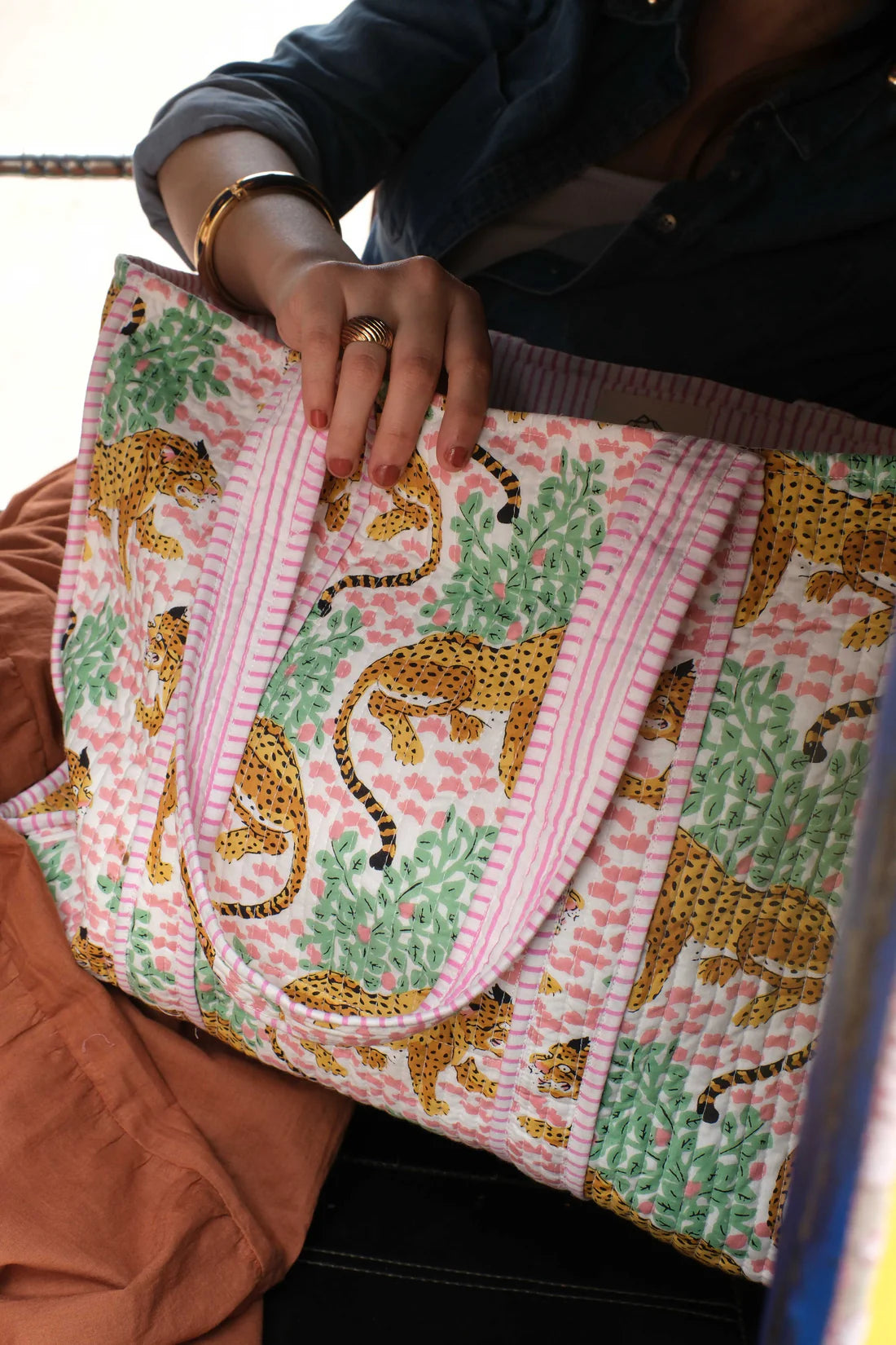 Cheetah Print and Pink Stripe Block Print Tote