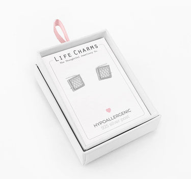 Honeycomb square studs in silver