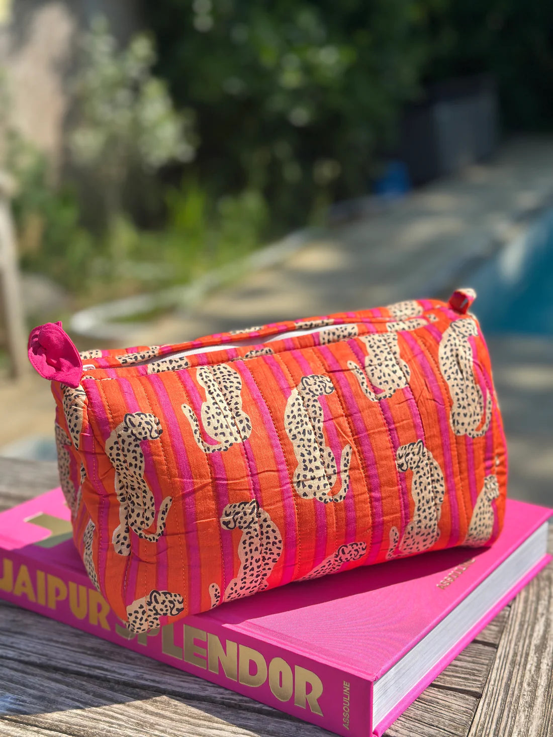Hand Block Printed Wash Bag pink &amp; orange cheetah stripe