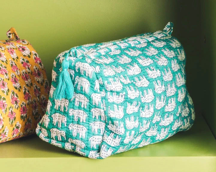 Hand Block Printed Wash Bag..blue elephant s