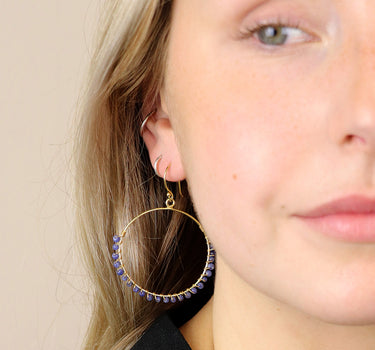 Gold plated hoop earrings with sodalite beads