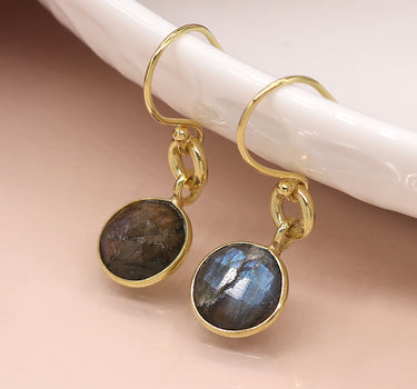 Gold plated circle and faceted labradorite drop earrings