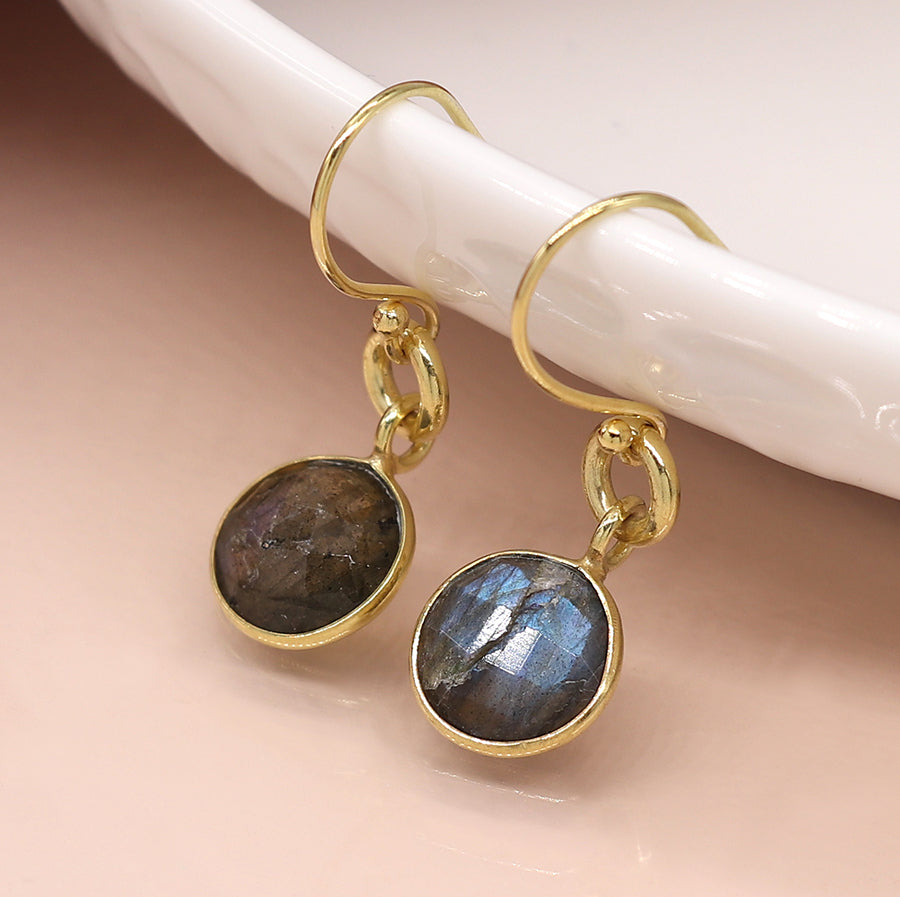 Gold plated circle and faceted labradorite drop earrings