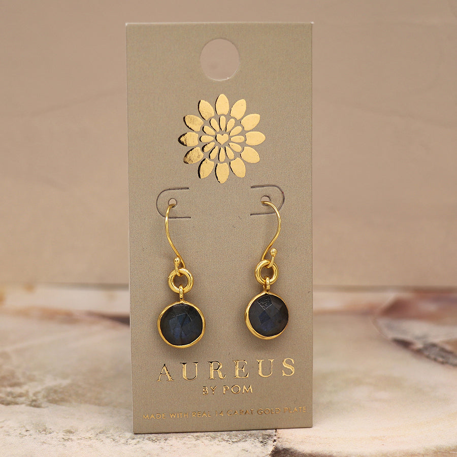Gold plated circle and faceted labradorite drop earrings