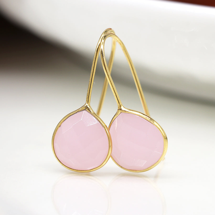 Gold plated faceted pink chalcedony teardrop earrings