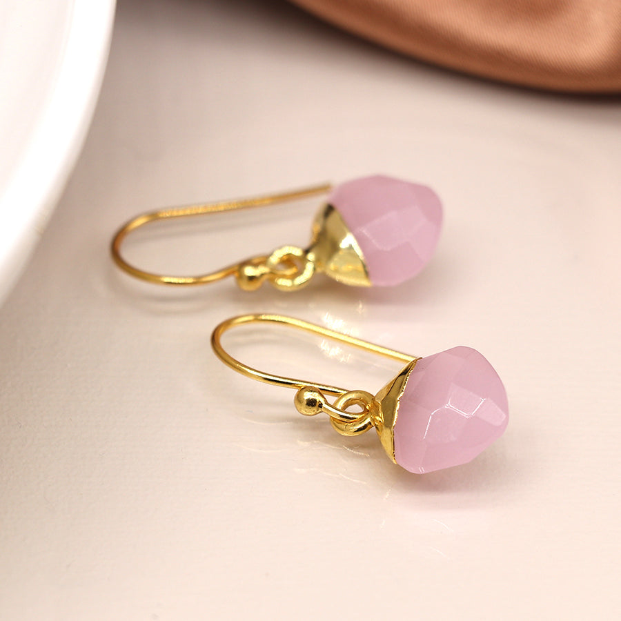 14k gold plated pink glass drop earrings