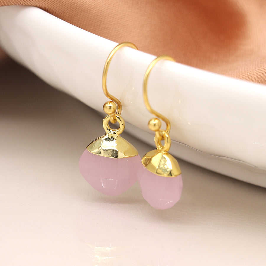 14k gold plated pink glass drop earrings