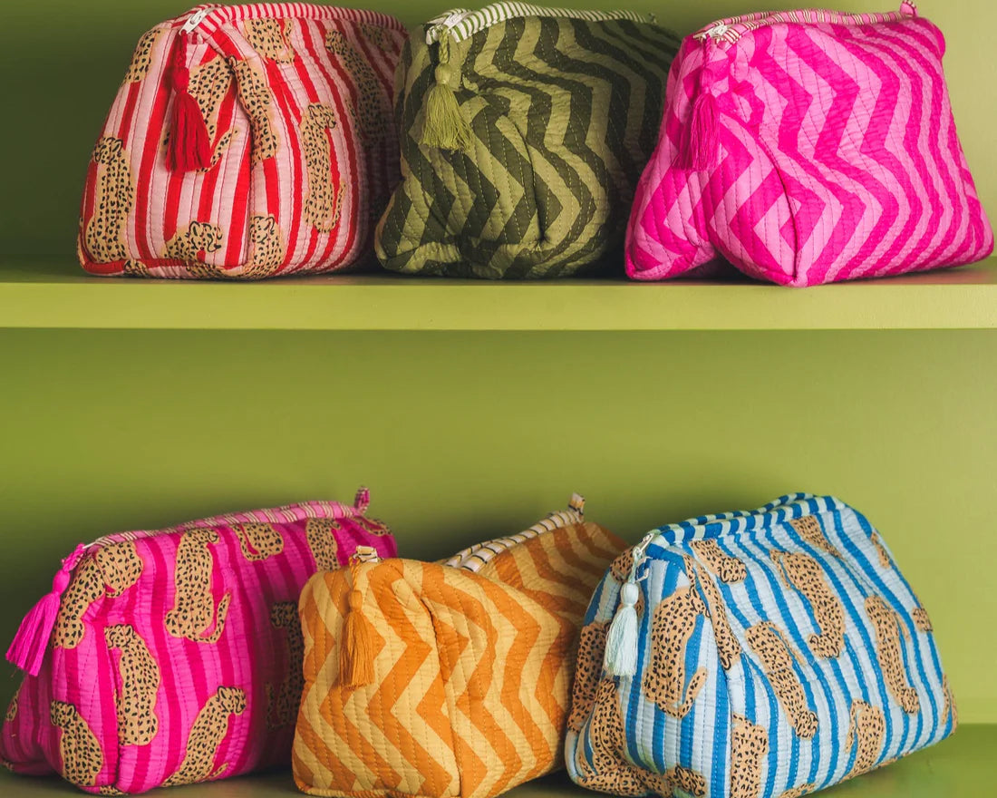 Hand Block Printed Wash Bag pink &amp; orange cheetah stripe