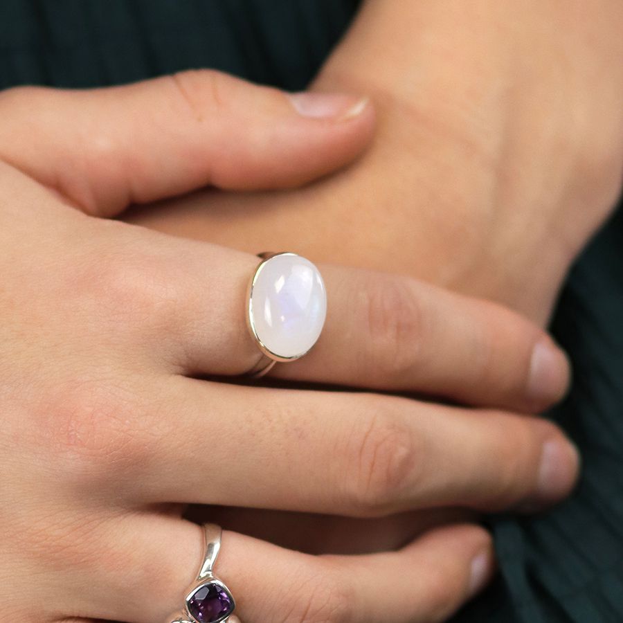 Sterling silver Rainbow Moonstone oval cabochon ring