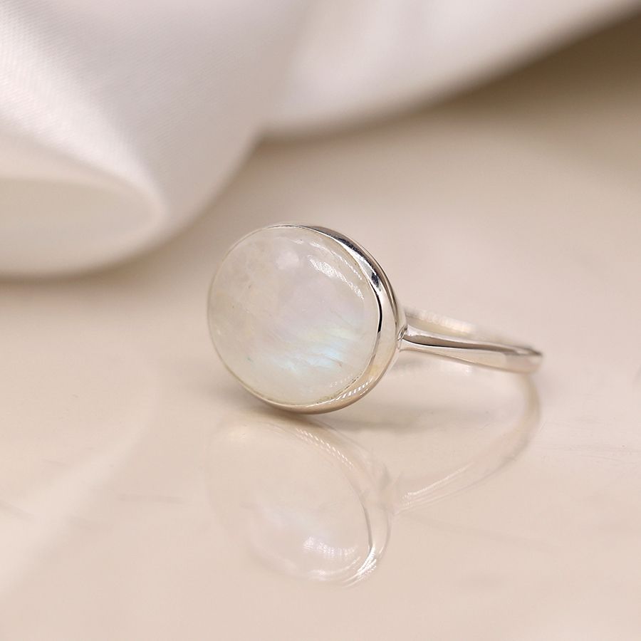 Sterling silver Rainbow Moonstone oval cabochon ring