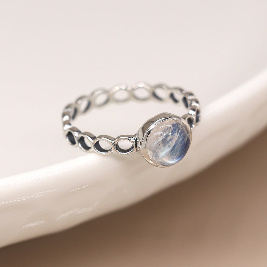 Sterling silver rainbow moonstone twist ring