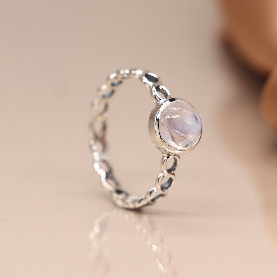 Sterling silver rainbow moonstone twist ring