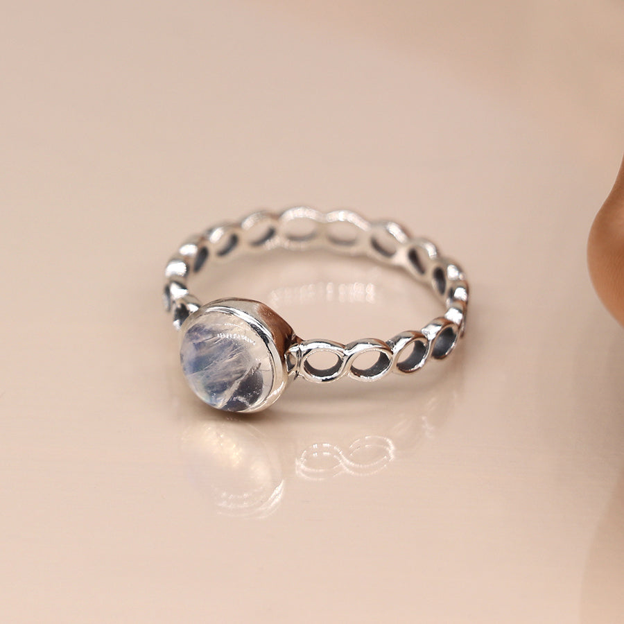 Sterling silver rainbow moonstone twist ring