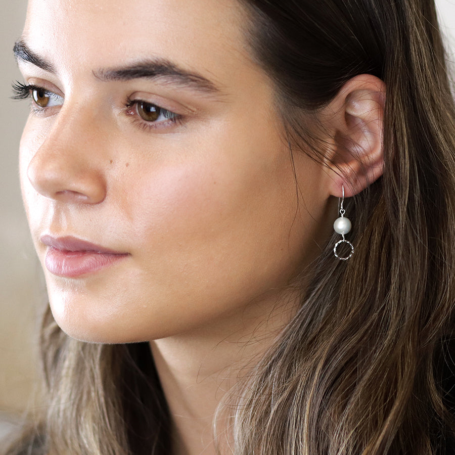 Sterling silver pearl and textured circle earrings