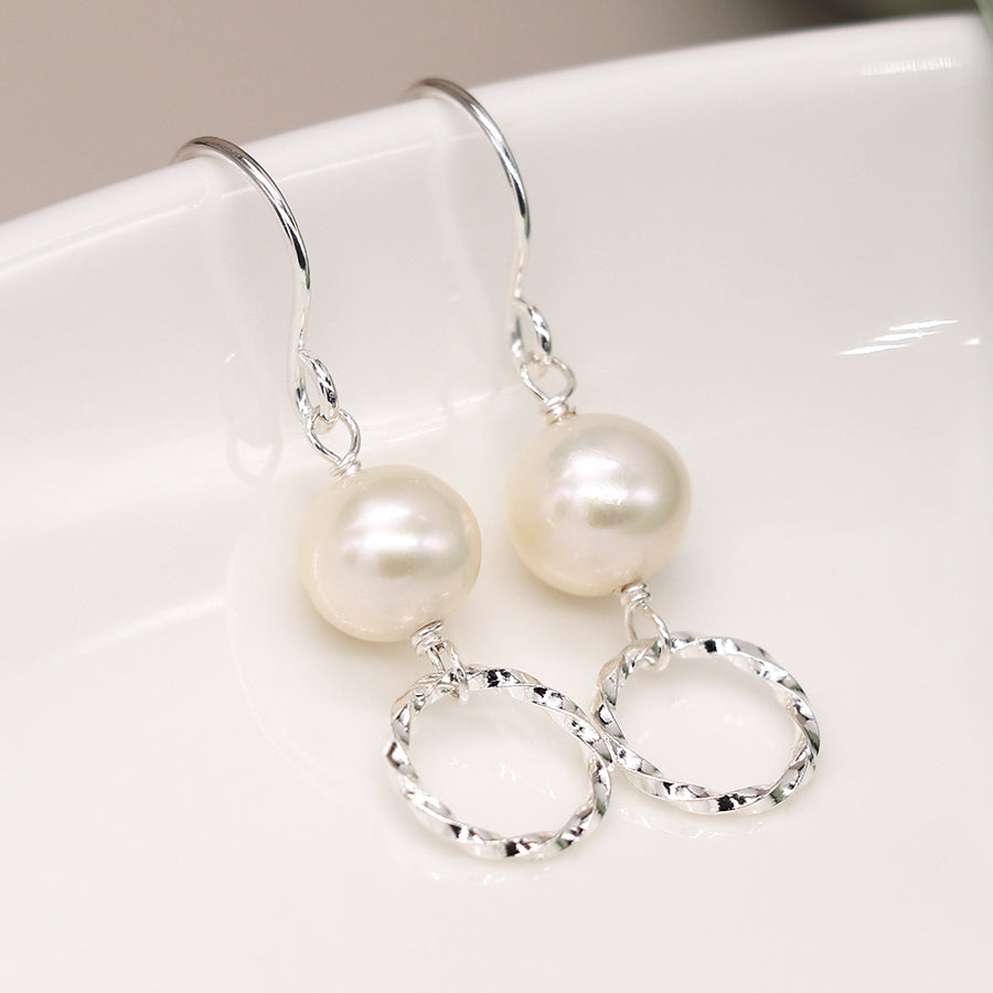 Sterling silver pearl and textured circle earrings