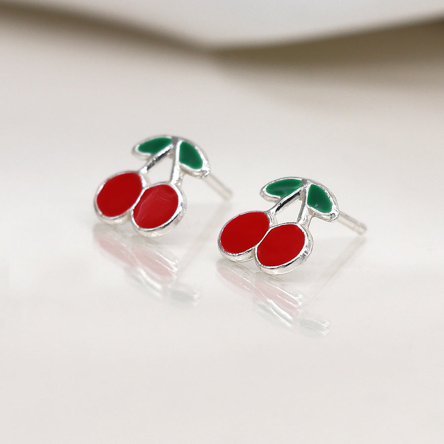Sterling silver enamel cherry earrings