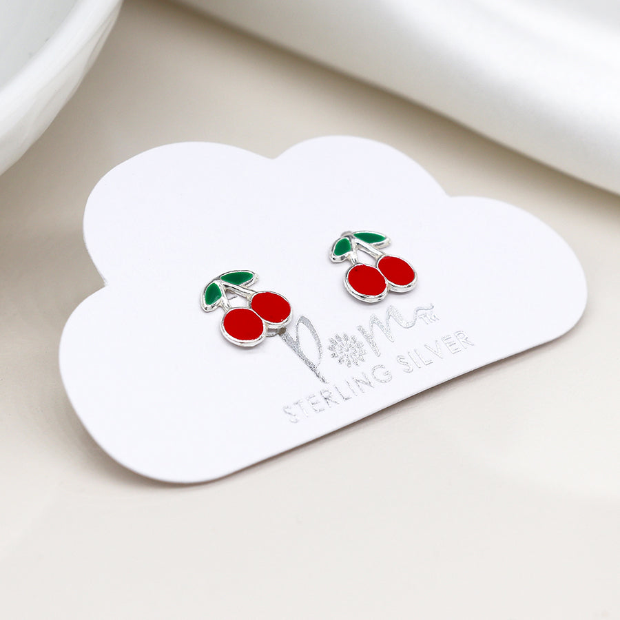 Sterling silver enamel cherry earrings