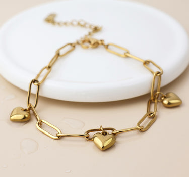 Waterproof gold plated paperlink chain heart charms bracelet