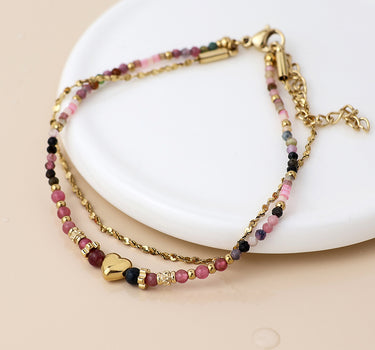 Waterproof gold plated heart and pink beads bracelet
