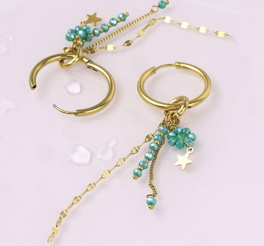 Waterproof gold plated hoop earring with chain and bead clusters