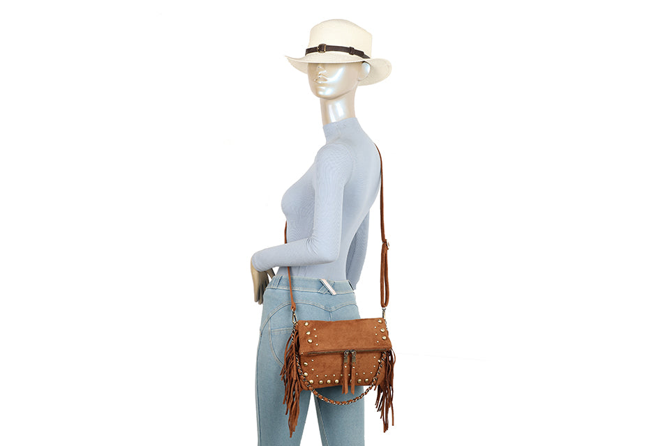 Suede bag with studs and fringing