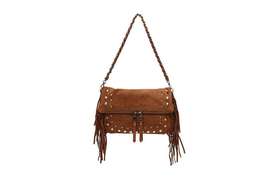 Suede bag with studs and fringing