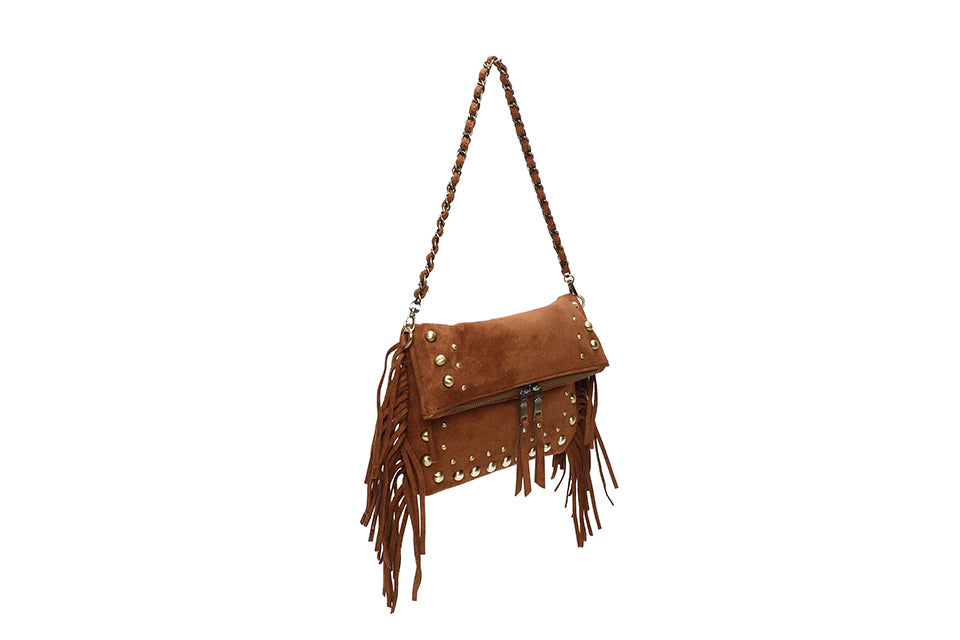 Suede bag with studs and fringing