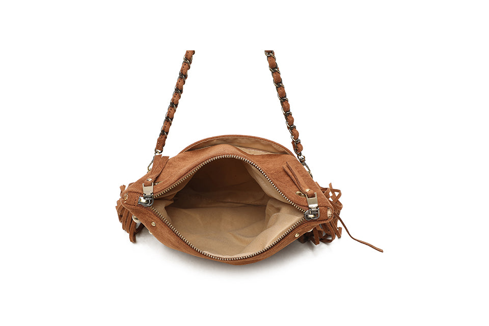 Suede bag with studs and fringing