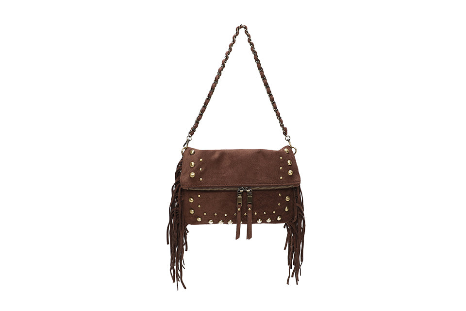 Suede bag with studs and fringing