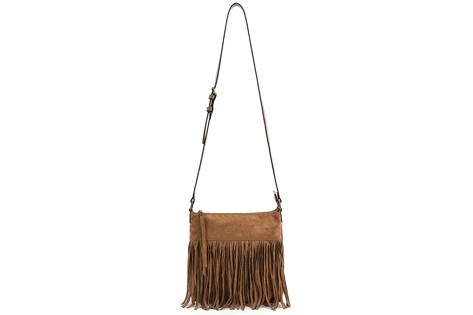 Suede tan shoulder bag with fringing