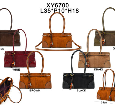 Suede grab bag with long handle