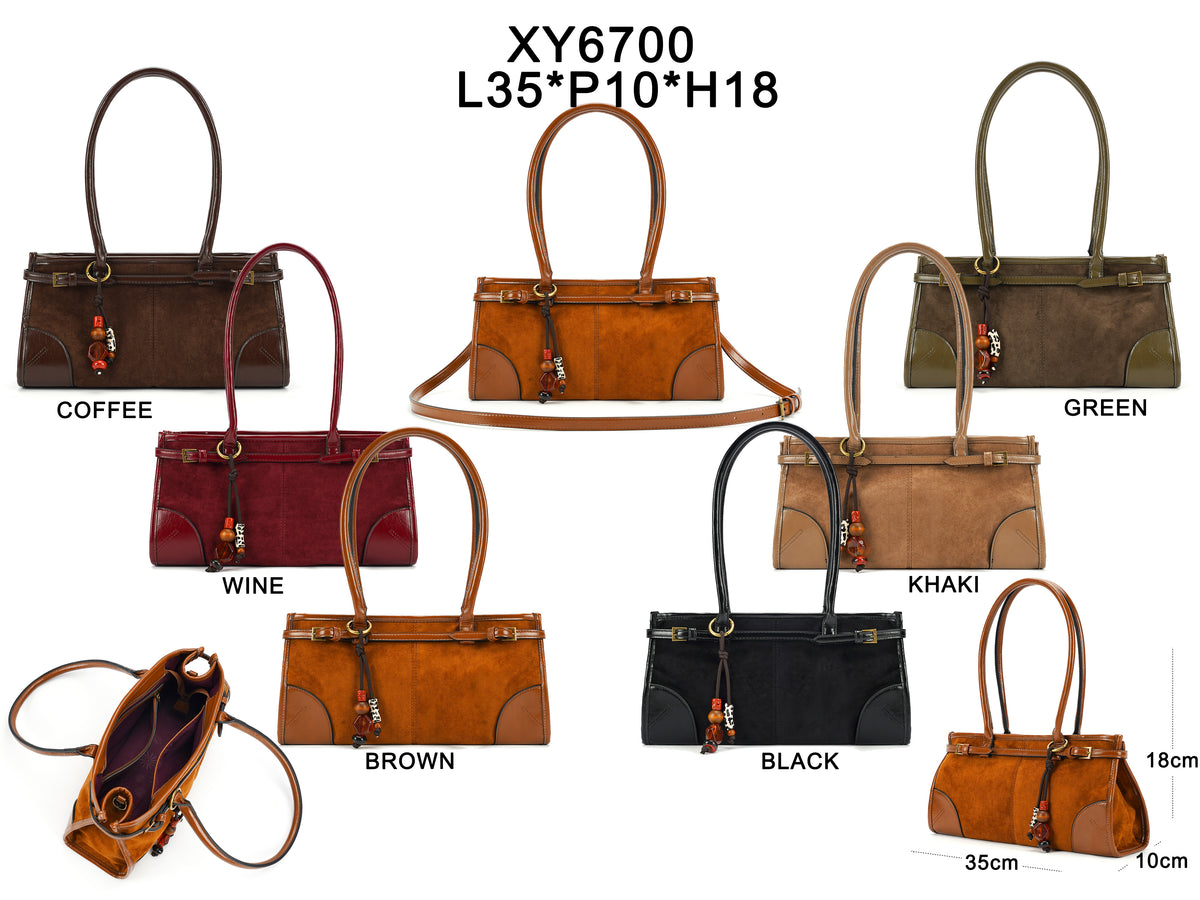 Suede grab bag with long handle