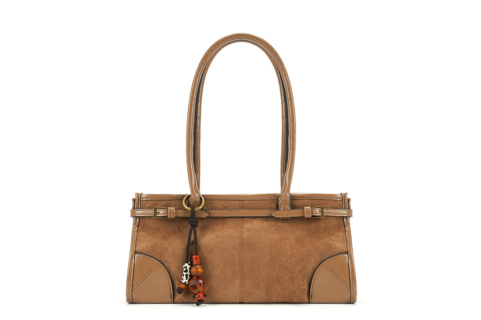 Suede grab bag with long handle