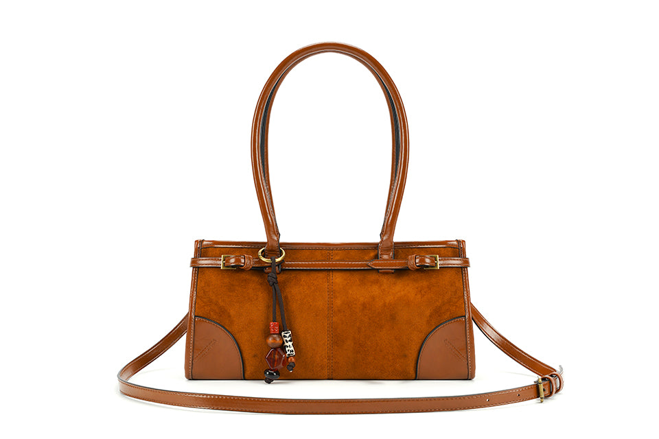 Suede grab bag with long handle