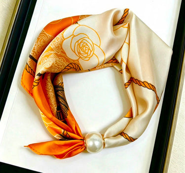 Satin scarf with magnetic pearl clasp
