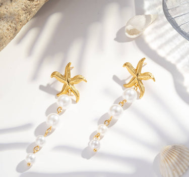 Golden starfish earrings with stainless steel pearls