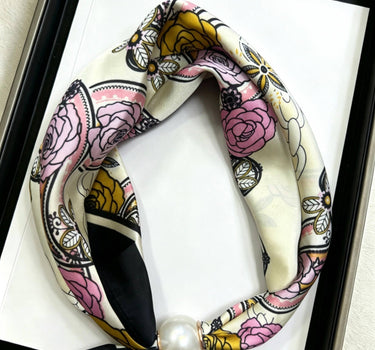 Satin scarf with magnetic pearl attachment