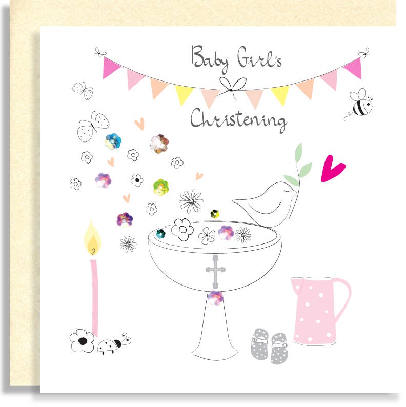 J166 Christening Girl Hand-Finished Sequin Card