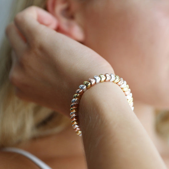 Beaded hearts bracelet in silver, rose gold and gold